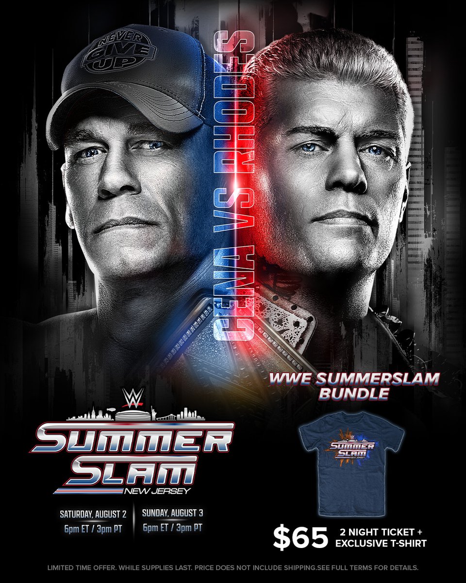 Fandango's tweet image. The hottest ticket of the summer just got hotter! Snag the #WWE #SummerSlam Bundle:
🎟 Tickets to both nights - Aug 2 & Aug 3
👕 Exclusive SummerSlam tee
Don’t miss this epic 2-night showdown! Reserve yours below: