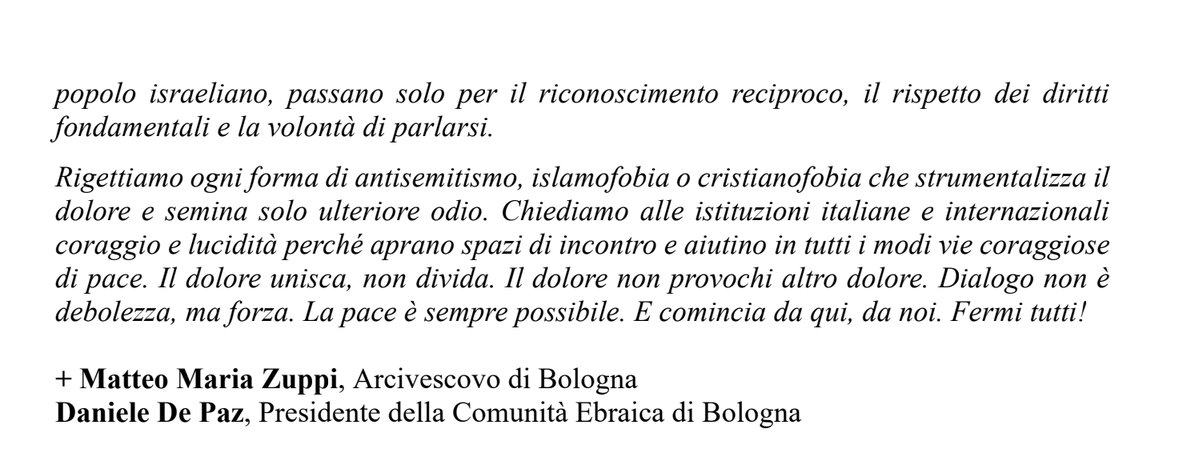 matteomatzuzzi's tweet image. Dichiarazione congiunta dell&apos;arcivescovo e del presidente della Comunità ebraica di Bologna:

&quot;Di fronte alla devastazione della guerra nella Striscia di Gaza diciamo con una sola voce: fermi tutti. Tacciano le armi, le operazioni militari in Gaza e il lancio di missili verso…