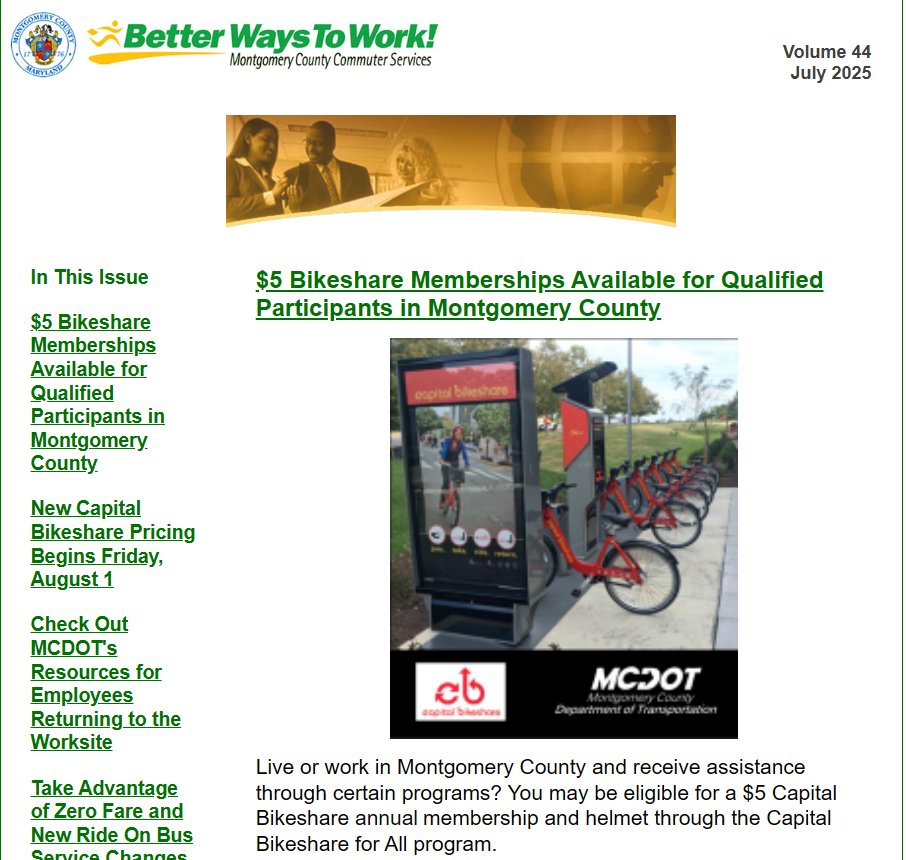 MCDOTNow's tweet image. The July 2025 edition of our Commuter Services #newsletter has been released. Checkout all the great articles related to commuting in and around @MontgomeryCoMD! @bikeshare @RideOnMCT @PurpleLineMD @wmata #MDCommuters #commuting
📰ow.ly/inwF50WswEC