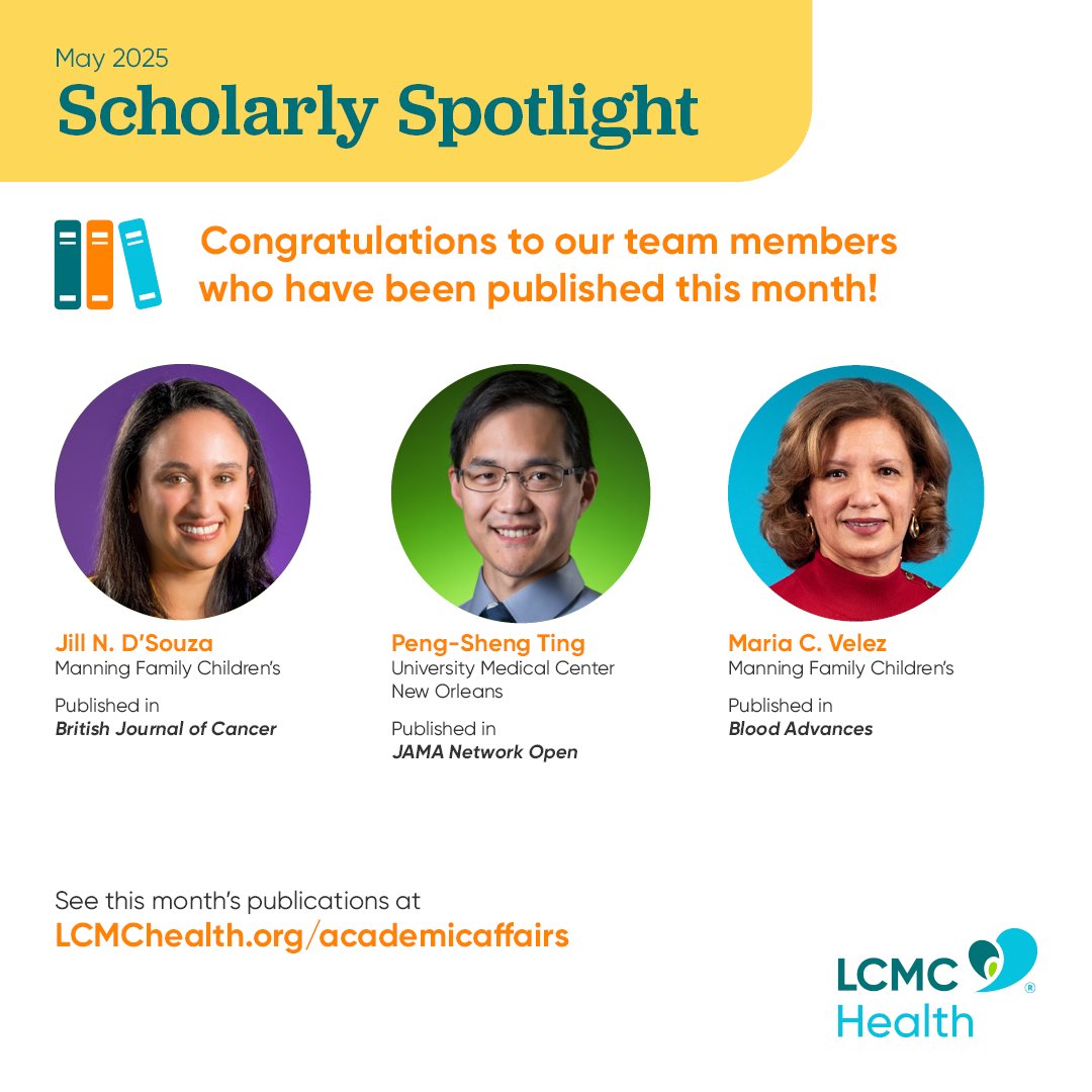 LCMC Health Academic Affairs (@lcmchealthedu) on Twitter photo Please join us in congratulating Drs D'Souza, Ting, and Velez on their May 2025 publications in prestigious journals including the British Journal of Cancer, JAMA Network Open, and Blood Advances! 🎉
<a href="/LCMCHealth/">LCMC Health</a> #ScholarlySpotlight
LCMCHealth.org/academicaffairs Please join us in congratulating Drs D'Souza, Ting, and Velez on their May 2025 publications in prestigious journals including the British Journal of Cancer, JAMA Network Open, and Blood Advances! 🎉
<a href="/LCMCHealth/">LCMC Health</a> #ScholarlySpotlight
LCMCHealth.org/academicaffairs