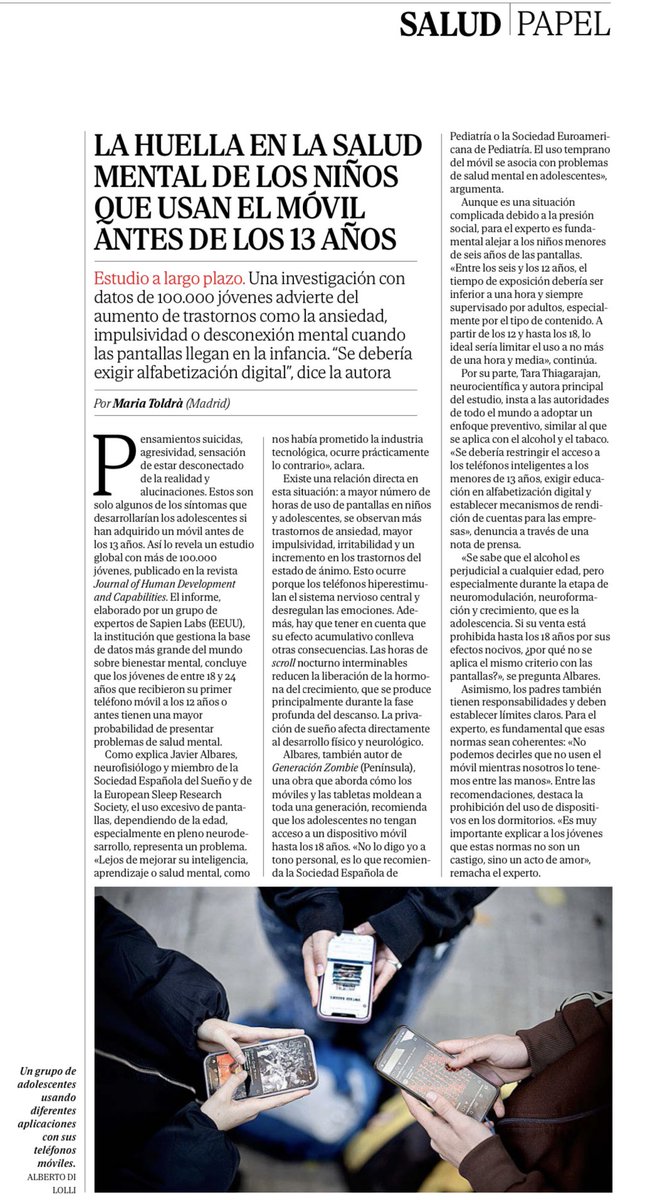 sanz_ismael's tweet photo. ⚠️ "Se debería exigir alfabetización digital". El abuso del móvil afecta al desarrollo neurológico y al sueño. Entre los 6 y los 12 años, solo 1h al día y siempre supervisado. https://t.co/rrwRVvHEQN