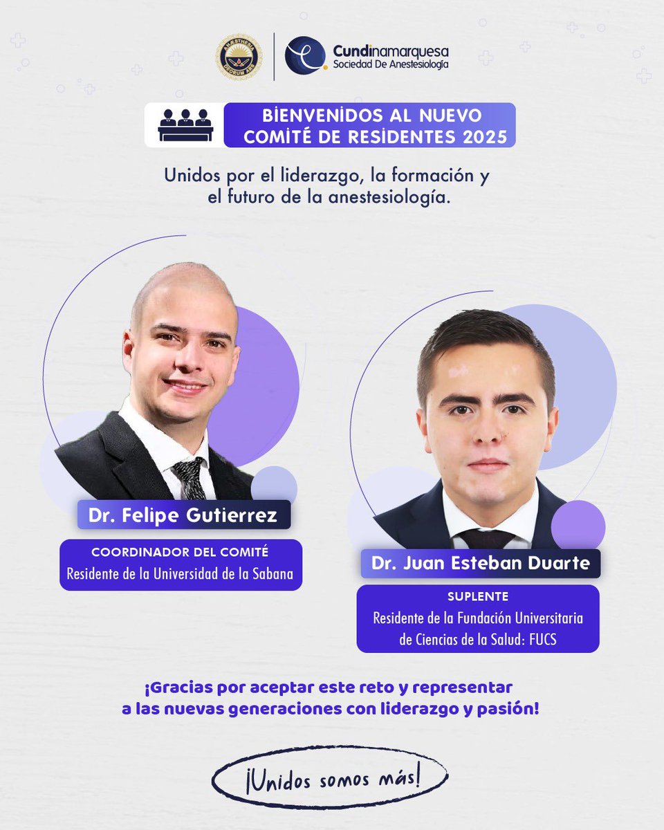 socundianest's tweet photo. 📣 ¡La Cundinamarquesa tiene nuevos líderes residentes!

Nos complace presentar a los doctores Felipe Gutiérrez Residente (U. de La Sabana) y Juan Esteban Duarte Redidente (FUCS), quienes asumen con compromiso y visión la representación del Comité de Residentes 2025. https://t.co/BIsIhmCzMb