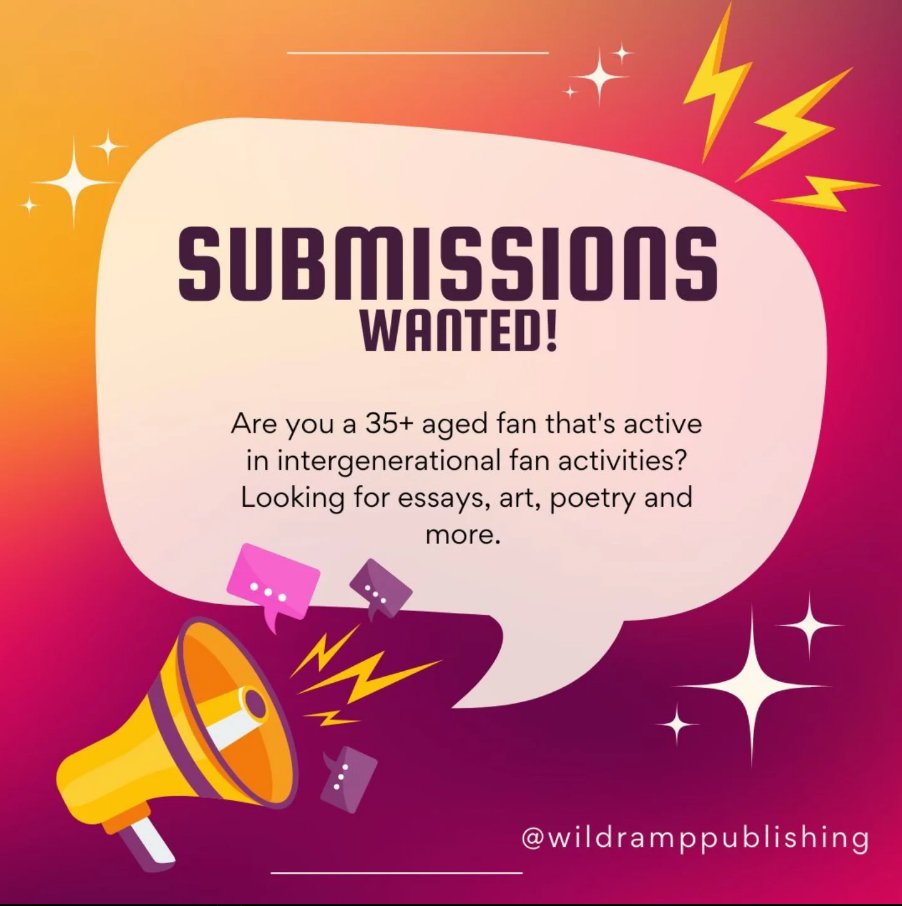 Submissions wanted for Act Your Age Volume 3: Generations

Are you a 35+ aged fan that's active in intergenerational fan activities? Looking for essays, arts, poetry and more.

Deadline: October 24, 2025

Submission form: docs.google.com/forms/d/e/1FAI…