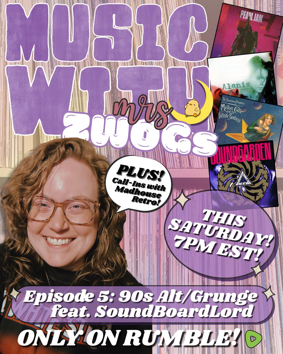 mrsZWOGs's tweet image. ✨🎶MUSIC WITH MRSZWOGS🎶✨
Be sure to tune in THIS SATURDAY AT 7PM EST as I hang with my buddy @SoundBoardLord and talk ALL things 90s alternative and grunge! We'll be spinning records and having a blast! PLUS call ins with @madhouseretro1!
SEE YOU THERE! @MusiconRumble…