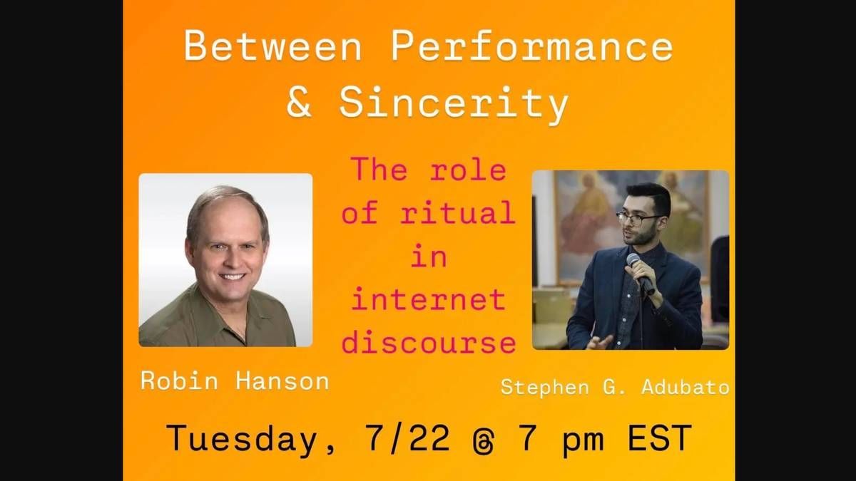 interintellect_'s tweet image. Ever feel like online debates are more about performing for an audience than finding the truth?
TONIGHT, join economist @robinhanson and host @stephengadubato to explore the line between sincere belief and social ritual in our digital lives.
Join the conversation:…