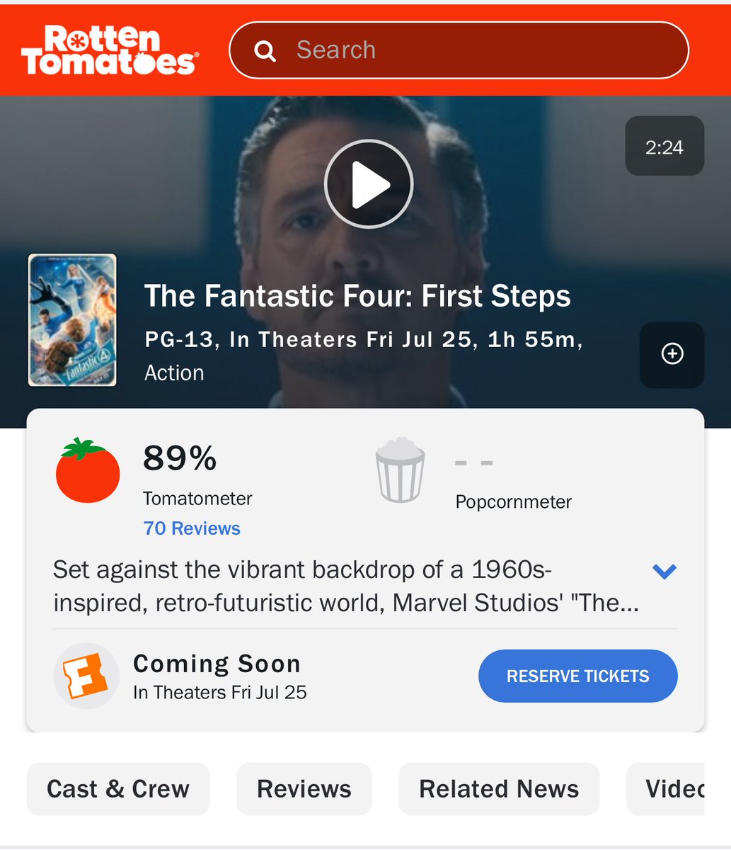 F4sUpdate's tweet image. ‘THE FANTASTIC FOUR: FIRST STEPS’ is now rated 89% on Rotten Tomatoes with 70 reviews! 🔥