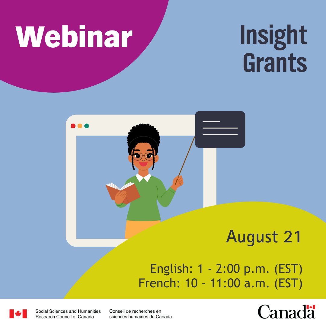 SSHRC_CRSH's tweet image. 📅 Join us on August 21 for an Insight Grants #webinar and get an overview of eligibility, the application preparation and more!
English webinar: 1:00 – 2:00 p.m. EST
French webinar: 10:00 – 11:00 a.m. EST
More info: sshrc-crsh.gc.ca/en/funding/opp…