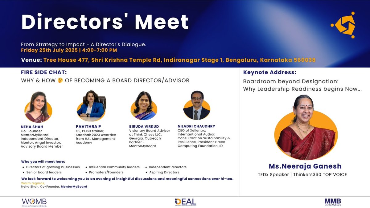 Neeraja Ganesh (@neeraja_ganesh) on Twitter photo Honored to deliver the keynote at <a href="/MentorMyBoard/">MentorMyBoard</a>'s Directors Meet!
The boardroom of tomorrow needs leaders who think beyond titles and act with purpose. It's not about the designation—it's about being ready to drive transformation from day one. Register - docs.google.com/forms/d/e/1FAI… Honored to deliver the keynote at <a href="/MentorMyBoard/">MentorMyBoard</a>'s Directors Meet!
The boardroom of tomorrow needs leaders who think beyond titles and act with purpose. It's not about the designation—it's about being ready to drive transformation from day one. Register - docs.google.com/forms/d/e/1FAI…
