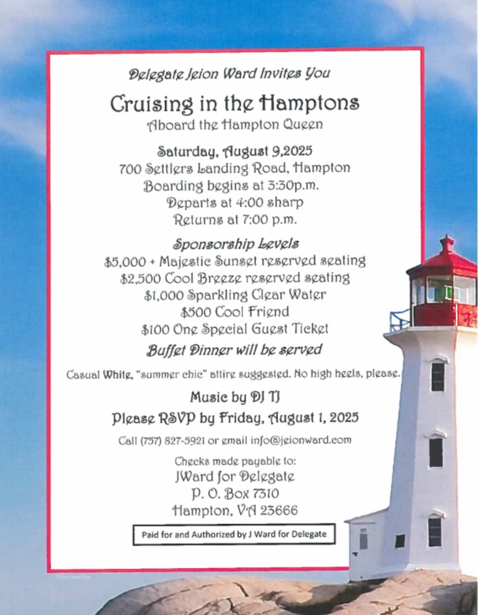 Come cruise with us in Hampton on Saturday, August 9th! Boarding starts at 3:30 PM at 700 Settlers Landing Rd. Don’t miss the fun on the water. RSVP now at tinyurl.com/2w5sz2hj, email info@jeionward.com or call (757) 827-5921. We can’t wait to see you there!