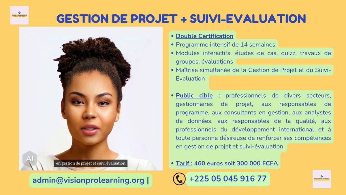 3/ La double Certification en Gestion de projet et Suivi-évaluation : programme complet à 300 000 FCFA ⬇️
