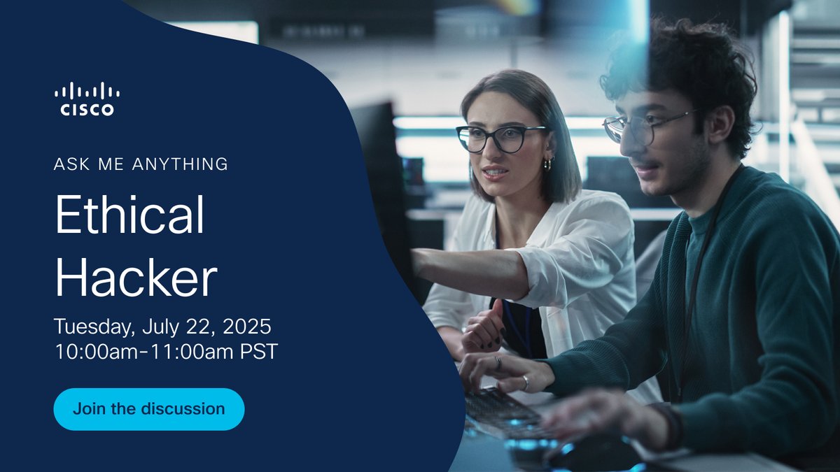 CiscoNetAcad's tweet image. 🚨 Our Ethical Hacking AMA session is just 30 minutes away!
🔗 Join here: cs.co/6018fHg2E
Drop your questions in the comments, and we’ll address them! 👇