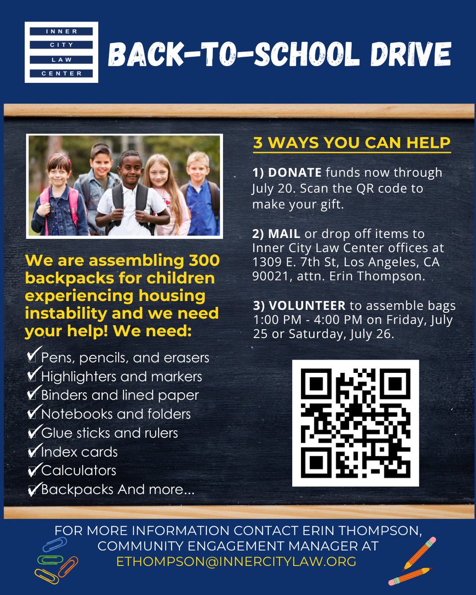 InnerCityLaw's tweet image. Help ICLC’s Back-to-School Drive finish strong! We are assembling 100s of #backtoschool bundles for children experiencing homelessness and we need your help! Donate funds directly to support the drive: igfn.us/form/5qTNAg