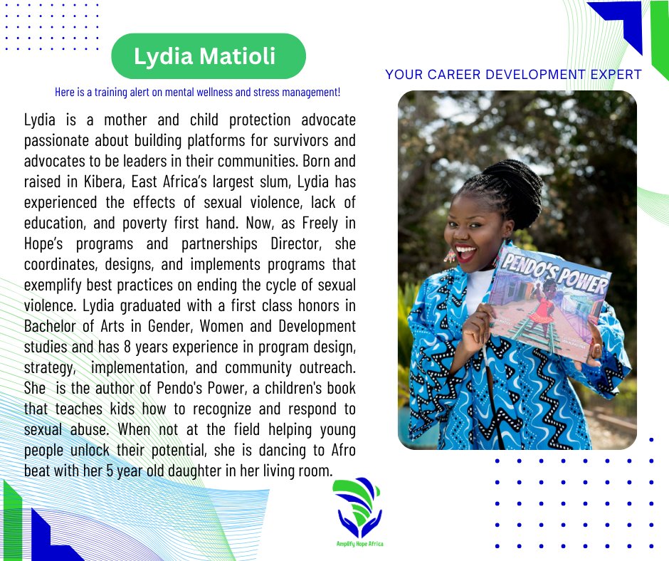 AmplifyhopeAfr's tweet image. Imara Young Professionals Program!
🌟**Meet @LydiaMatioli** 🌟
Introducing Our Mental Wellness and Stress Management Facilitator
We are excited to welcome Lydia Matioli as our facilitator for tomorrow's session as she takes our youths through Mental Wellness and Stress Management