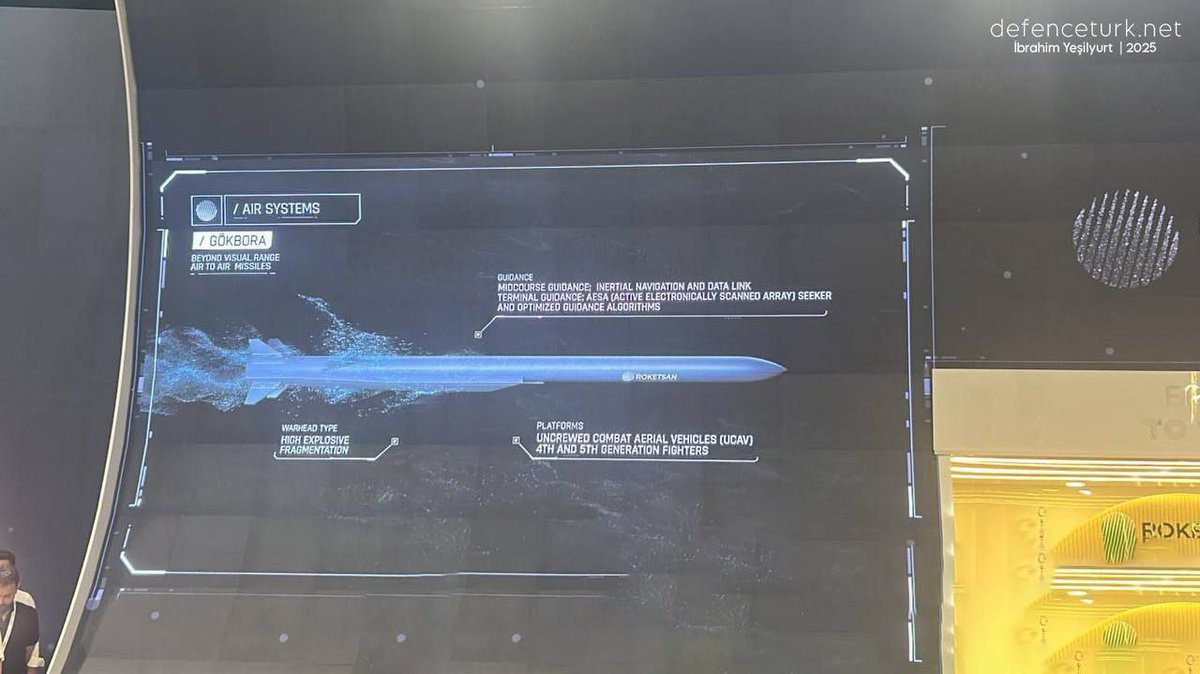 Defence_Index's tweet image. 🇹🇷 Turkey’s ROKETSAN has unveiled GÖKBORA — a next-gen air-to-air BVR missile with 160+ km range and RAMJET propulsion.
Turkish sources describe it as the local equivalent of France’s Meteor, but with a longer range and a wider no-escape zone.
Designed for launch from KAAN and…
