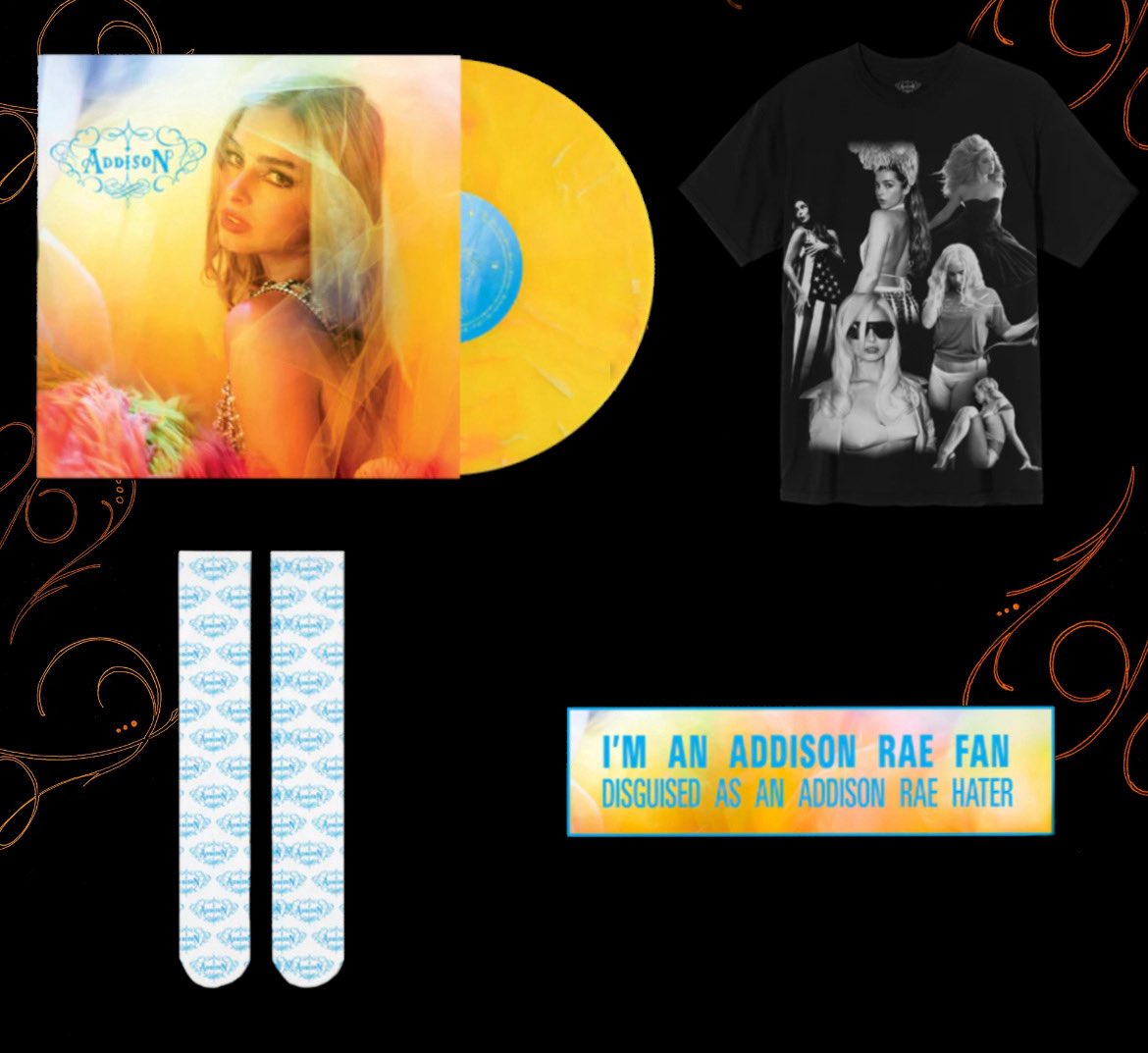 AddisonBase's tweet image. 🚨 Addison Rae has released new exclusive merch, including a t-shirt, knee high socks, poster, sticker and a yellow marble vinyl on her website!
🔗: shop.addisonrae.com