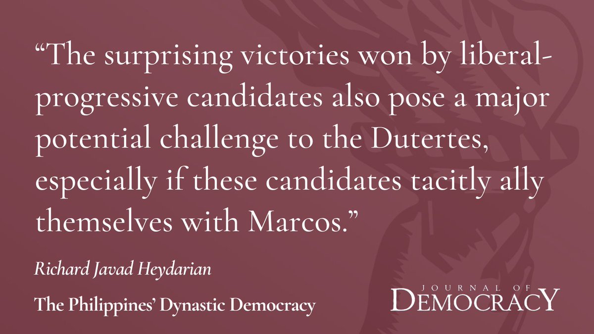 JoDemocracy's tweet image. "The surprising victories won by liberal-progressive candidates also pose a major potential challenge to the Dutertes, especially if these candidates tacitly ally themselves with Marcos."
muse.jhu.edu/pub/1/article/…