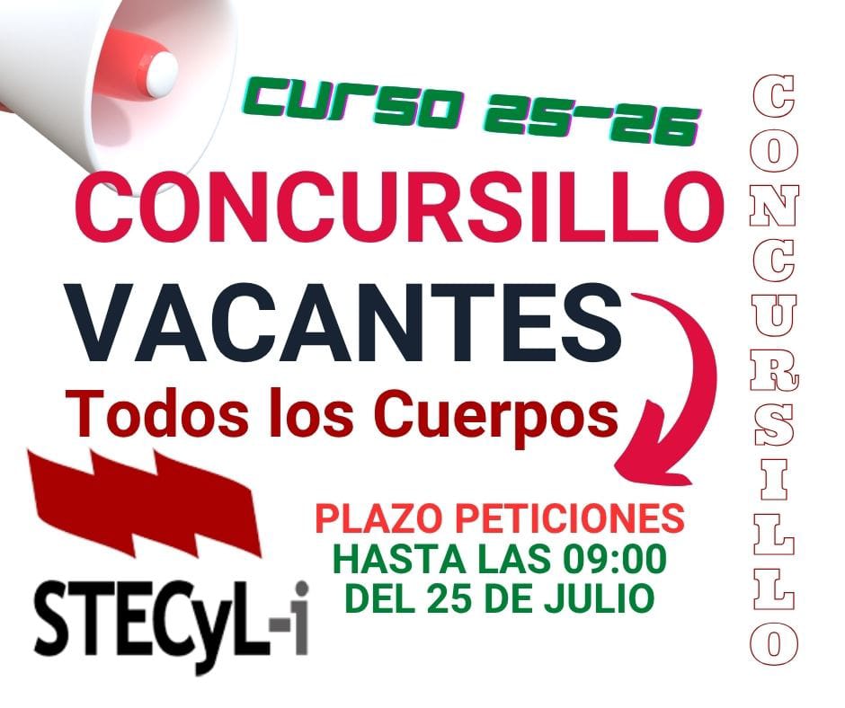 📢 #STECyLInforma 👀 Concursillo. Todos los cuerpos

✅ Listado de vacantes

📅 Peticiones: Desde las 9:00 del miércoles 23 hasta las 9:00 del viernes 25 de julio

🔗 MAESTR@S: f.mtr.cool/pqfgevyfzj

🔗 SECUNDARIA: f.mtr.cool/ukfrgdndpv