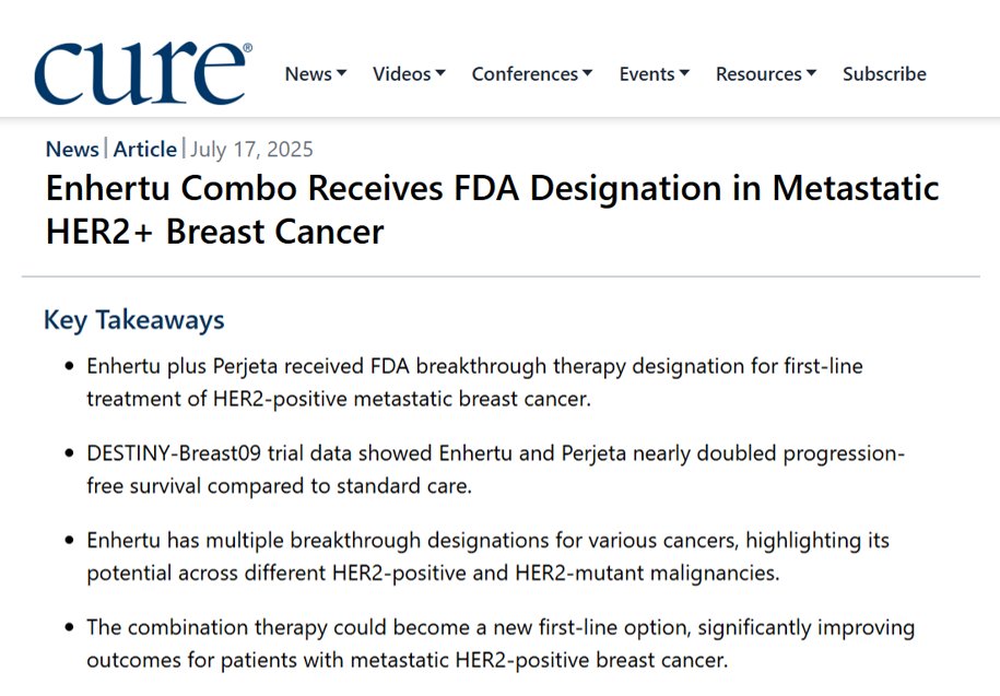 DFCI_BreastOnc's tweet image. The FDA granted breakthrough therapy designation to first-line treatment with trastuzumab deruxtecan (Enhertu) plus pertuzumab (Perjeta) for unresectable or metastatic HER2+ #BreastCancer. Check out this @cure_today interview where Dr. Sara Tolaney (@stolaney1) discusses the…