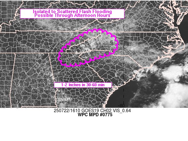 NWSWPC's tweet image. #WPC_MD 0775 affecting Carolina Piedmont into southern Appalachians, #ncwx #scwx #tnwx #gawx, wpc.ncep.noaa.gov/metwatch/metwa…