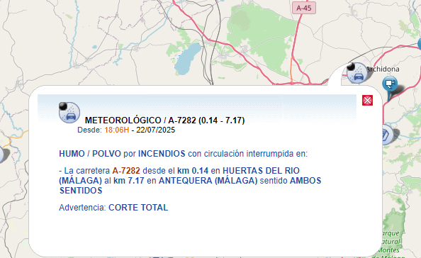 E112Andalucia's tweet photo. #InfoServicio #Carreteras 
🔴 Cortada al tráfico la A-7282 desde el km 0 al 7 por incendio de monte en #Antequera #Malaga  

🚒 Operativos actuando en el lugar @Plan_INFOCA https://t.co/3pNAjZO3Iv