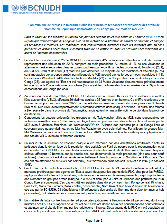 unjhro's tweet image. CP BCNUDH: Principales tendances des violations des droits de l’homme en RD Congo pour le mois de mai 2025