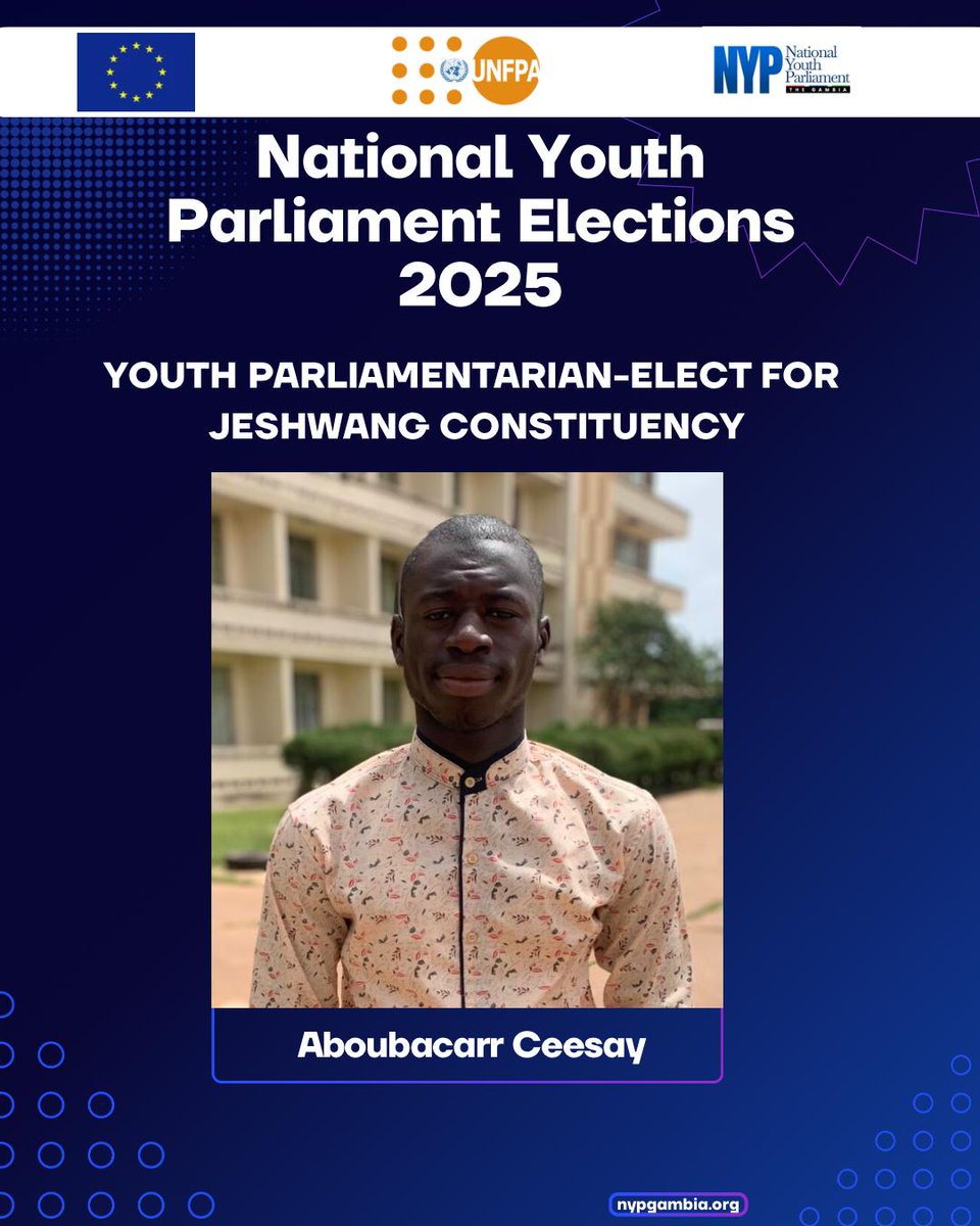 Jeshwang 🗳️🔥
Your new Youth Parliamentarian-Elect is Abubacarr Ceesay 🇬🇲
The people have spoken.
Stay informed. Stay engaged.
This is your seat. Your power. 💪🏽
#JeshwangDecides #YouthParliamentarianElect