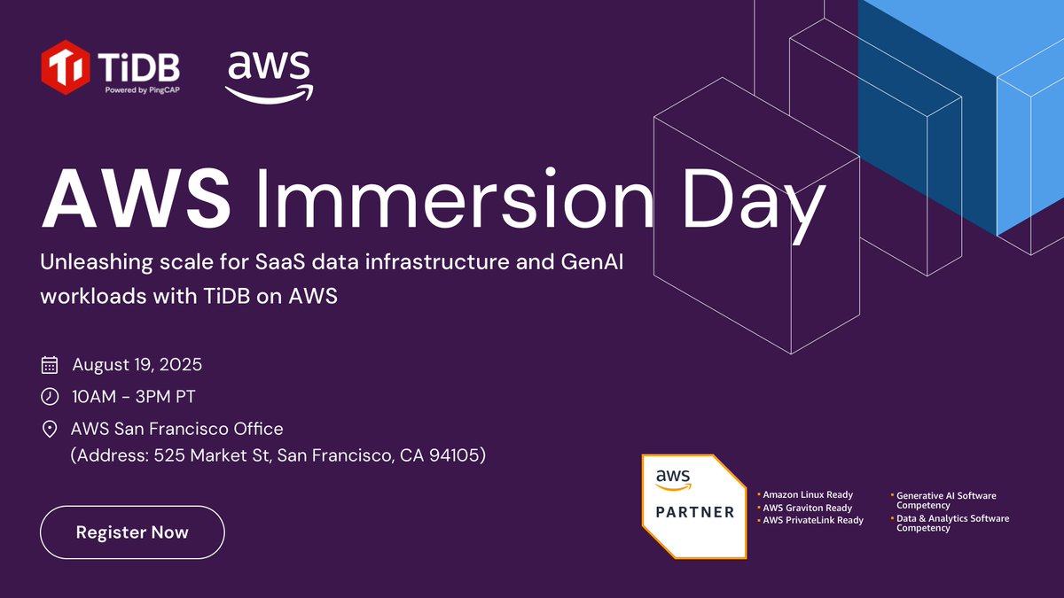 🚀 Supercharge your SaaS &amp; GenAI apps with TiDB on AWS!

📍 Aug 19 | AWS SF
✅ Scale with multi-tenancy
✅ Build GenAI apps w/ Amazon Bedrock
✅ Hands-on labs + chatbot demo

🎟️ Register now: hubs.ly/Q03x_rHf0

#TiDB #AWS #GenAI #AmazonBedrock #SaaS