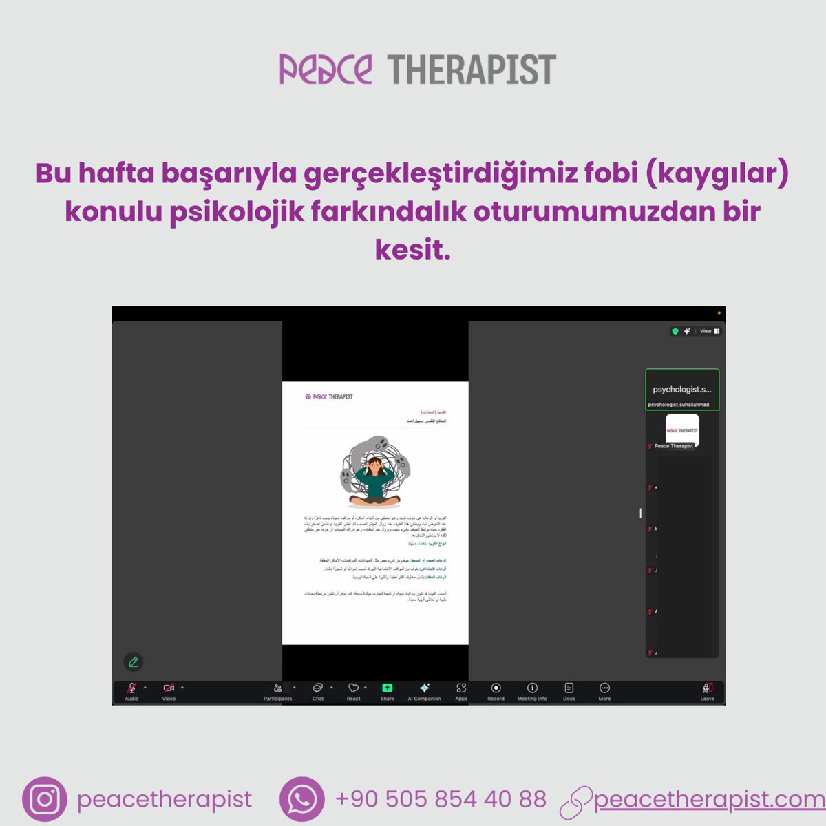 Bu hafta fobi üzerine verimli bir oturum gerçekleştirdik. Katılımınız için teşekkürler!
Yeni konuyla Cuma 20:00’de görüşmek üzere. 💜
#PeaceTherapist #PsikolojikDestek