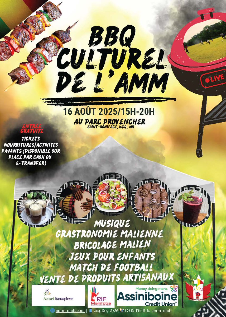 RIF MB (@rif_mb) on Twitter photo 📷 BBQ Culturel 2025 – L’AMM - Association des Maliens au Manitoba vous donne rendez-vous ! 📷📷
Le samedi 16 août 2025 dès 15h au Parc Provencher, c’est LE moment de l’été à ne pas manquer !
📷Notez la date : samedi 16 août
📷 Infos et inscriptions : amm.manitoba@gmail.com 📷 BBQ Culturel 2025 – L’AMM - Association des Maliens au Manitoba vous donne rendez-vous ! 📷📷
Le samedi 16 août 2025 dès 15h au Parc Provencher, c’est LE moment de l’été à ne pas manquer !
📷Notez la date : samedi 16 août
📷 Infos et inscriptions : amm.manitoba@gmail.com