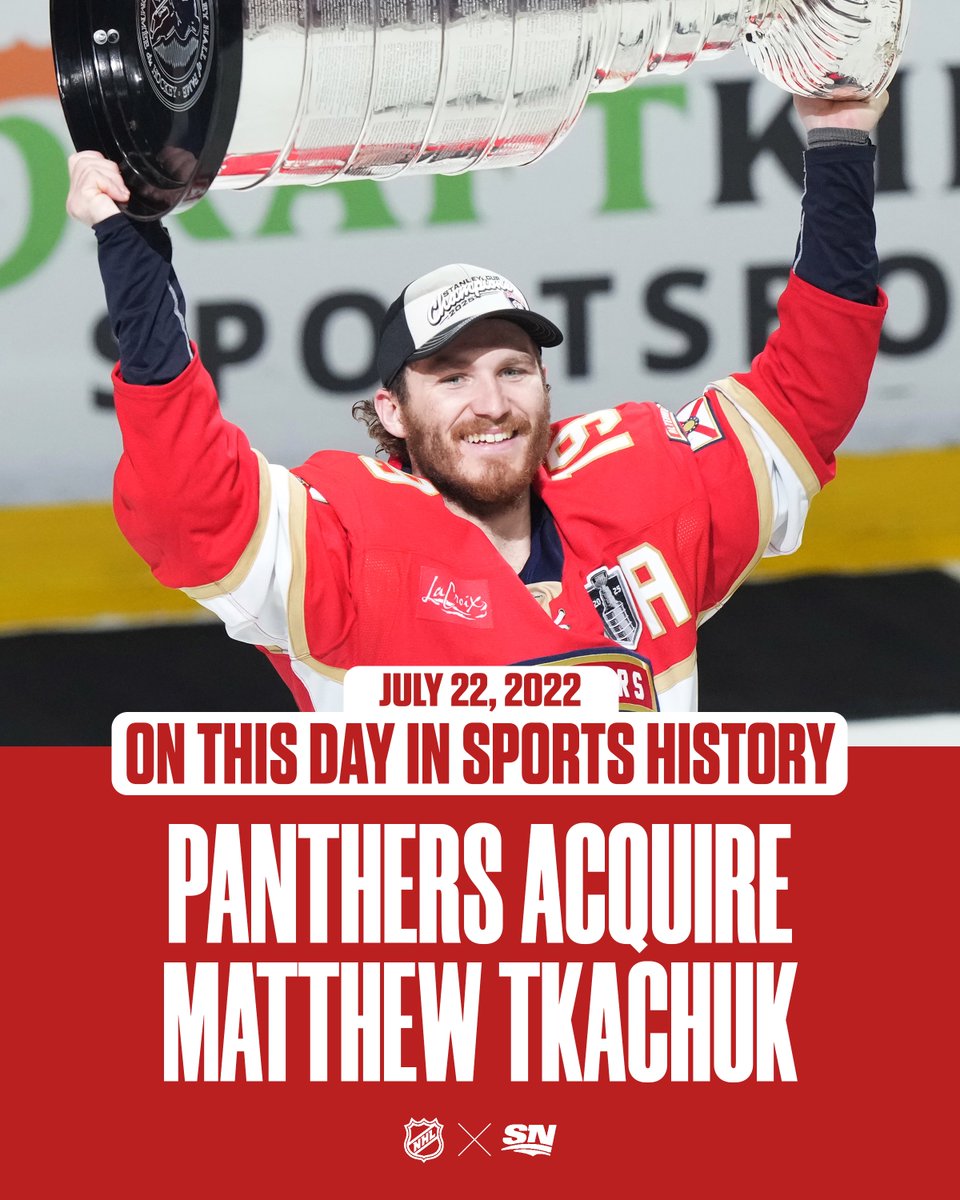 Sportsnet's tweet image. Three years ago today, the Panthers acquired Matthew Tkachuk from the Flames 😼
Since then: three straight Finals, back-to-back Cups 🏆🏆