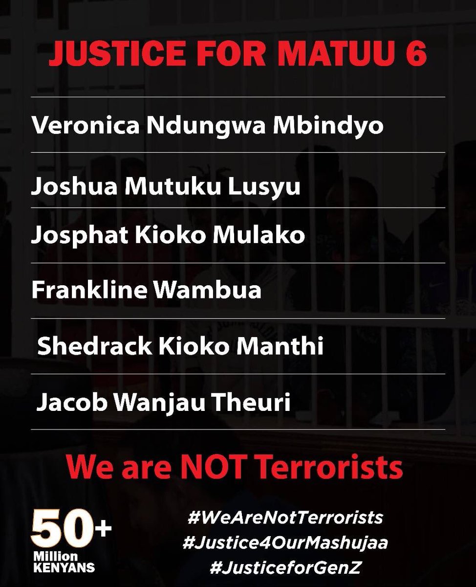Veronica and 5 young men from Matuu were presented in court and had their arson charges officially withdrawn today. Instead of being released, as per the court’s decision, they’ve been moved to Nairobi to face new terrorism charges.

The judiciary is being weaponized, while rule