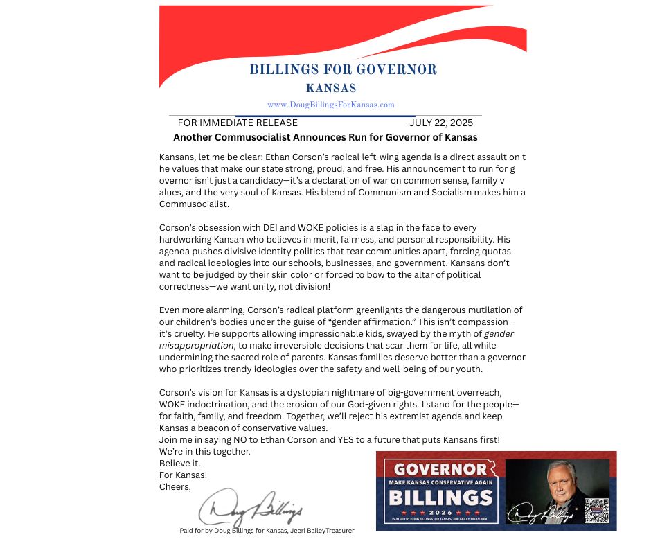 Another Commusocialist announces bid to take Governor Laura Kelly's place.

Kansans are smarter than to let this happen.
Believe it.
For Kansas!
Cheers.