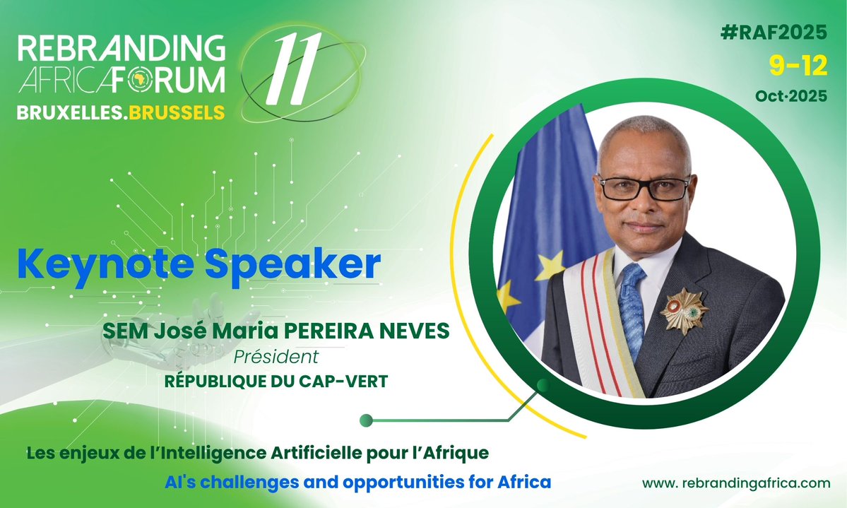 Honorés d’annoncer à la 11e édition du #RAF le Président du Cap-Vert, SEM. José Maria Pereira Neves.

RDV du 9 au 12 octobre à #Bruxelles autour du thème : Enjeux de l'#IA pour l'Afrique.
Infos &amp; Inscriptions : bit.ly/InscriptionRAF…

#RAF2025 #AI #MakeAfricaGreat