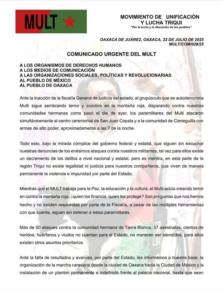 siimachumaa's tweet image. ¿Quien protege y financia a los paramilitares del Multi para seguir gozando de la impunidad?

Exigimos enérgicamente castigo a los autores materiales e intelectuales de los ataques contra nuestras comunidades.
@jesusromerooax @salomonj