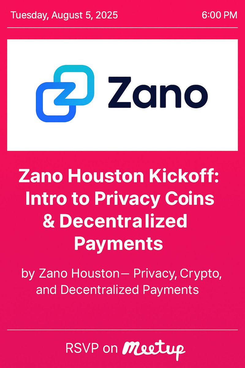 ZanoMeetupGroup's tweet image. 🚨 Zano Houston Meetup is on!
📍Bollo Woodfired Pizza
🗓️ Tuesday, August 5 | 6–8 PM
Join us for casual convos on privacy, crypto, and decentralized money. No panels, no pitches — just good people.
RSVP: meetup.com/zano-houston-p…
#Zano #HoustonMeetup