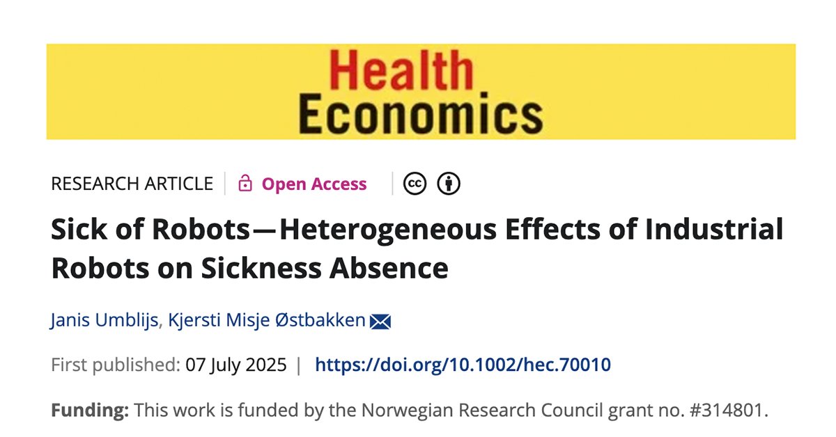 AESeconsalud's tweet image. 📖 #ReferenciasAES
✍️ Umblijs, J., & Østbakken, K. M. (2025).
"Sick of Robots-Heterogeneous Effects of Industrial Robots on Sickness Absence".
Health Economics. DOI: 10.1002/hec.70010
🌐 f.mtr.cool/ynjfftqntr
#HealthEconomics