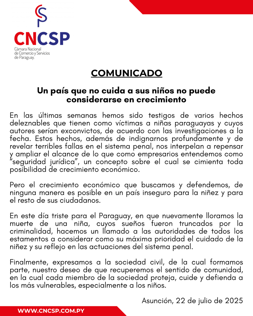 📌Ante los dolorosos hechos que nos golpean como sociedad, desde la CNCSP alzamos la voz por una verdadera protección a la niñez paraguaya. Urgimos a las autoridades a priorizar su cuidado y a la sociedad a recuperar el sentido de comunidad que resguarde a los más vulnerables.
