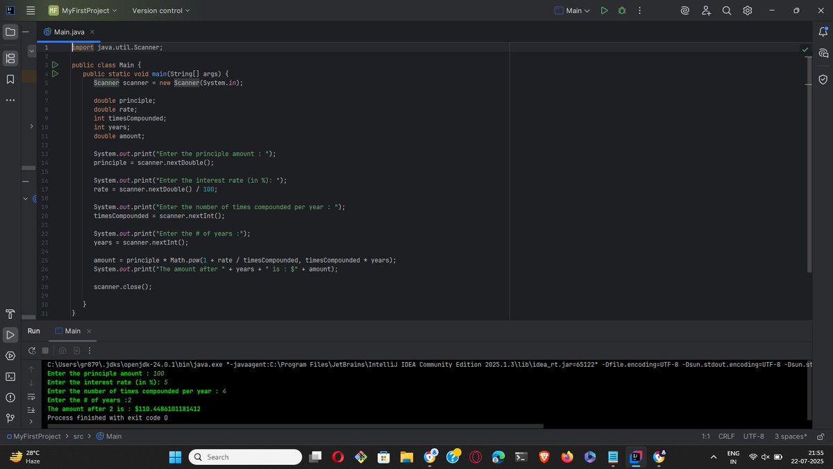 Himanshi1286's tweet image. Java Day 2 ☕
📌 Explored Math class (pow, sqrt, abs, round...)
📌 Calculated hypotenuse using Pythagoras 🧮
📌 Found area, circumference &amp;amp; volume of a circle 🌐
📌 Practiced number formatting with printf()
📌 Calculated compound interest 💰
#Java #100DaysOfCode #JavaBeginner