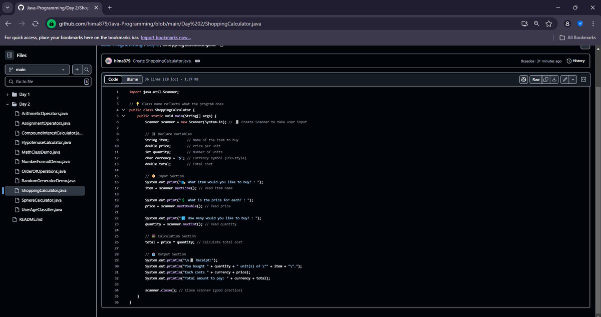 Himanshi1286's tweet image. Java Day 2 ☕
📌 Explored Math class (pow, sqrt, abs, round...)
📌 Calculated hypotenuse using Pythagoras 🧮
📌 Found area, circumference &amp;amp; volume of a circle 🌐
📌 Practiced number formatting with printf()
📌 Calculated compound interest 💰
#Java #100DaysOfCode #JavaBeginner