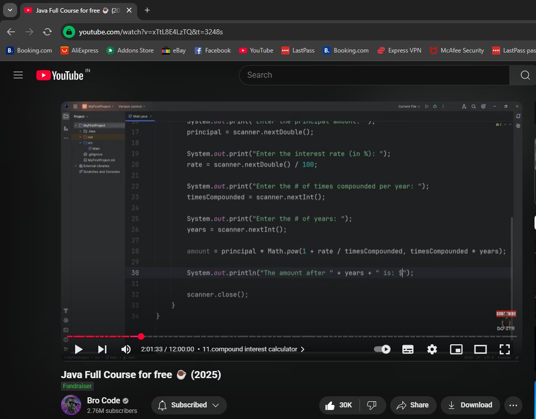 Himanshi1286's tweet image. Java Day 2 ☕
📌 Explored Math class (pow, sqrt, abs, round...)
📌 Calculated hypotenuse using Pythagoras 🧮
📌 Found area, circumference &amp;amp; volume of a circle 🌐
📌 Practiced number formatting with printf()
📌 Calculated compound interest 💰
#Java #100DaysOfCode #JavaBeginner