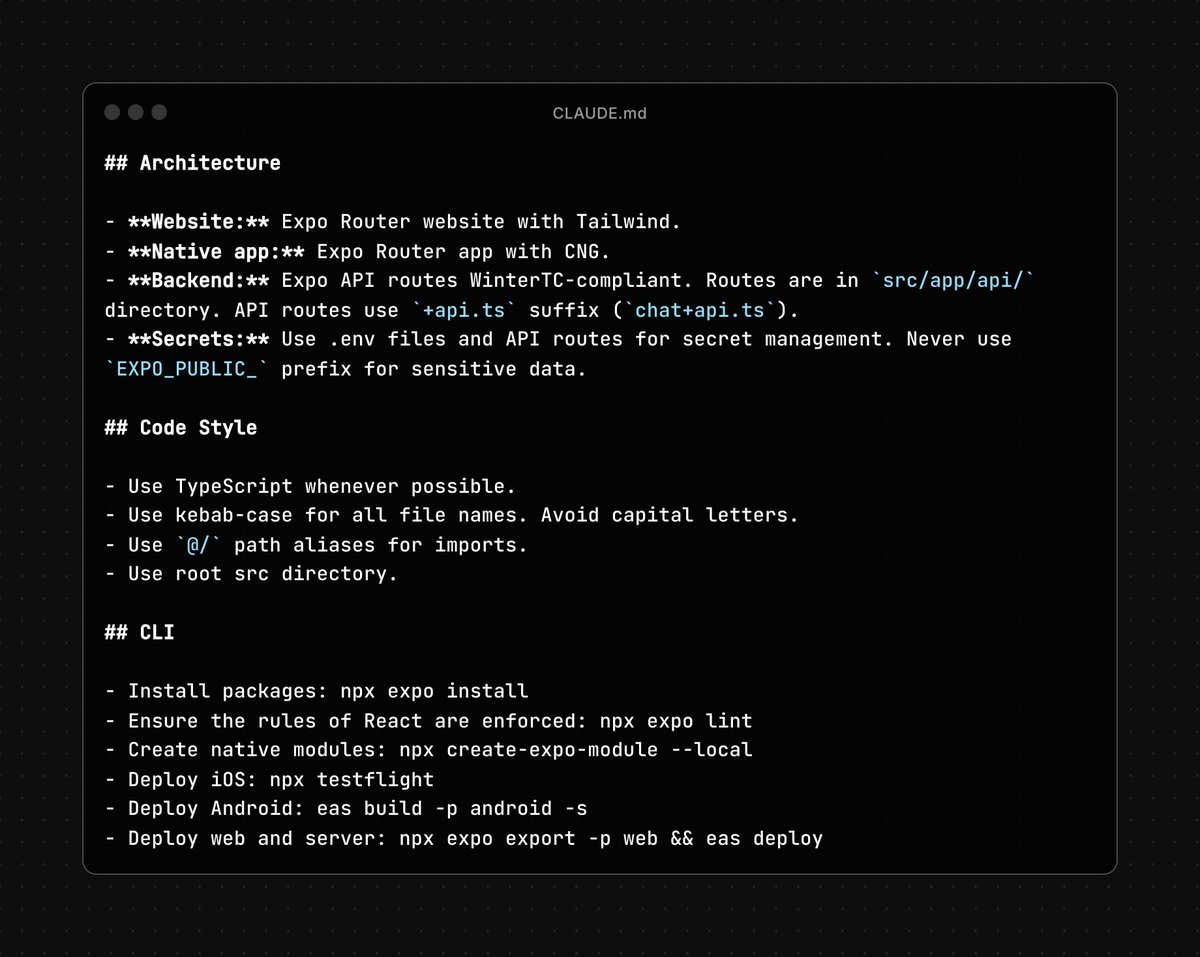 Baconbrix's tweet image. This is the CLAUDE md file I use for new @Expo apps.