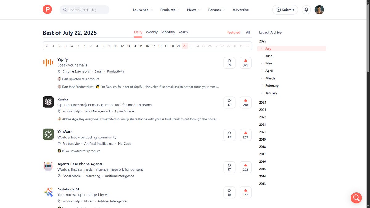 mrsskonline's tweet image. 22, JULY, 2025 - Tools I upvoted on @ProductHunt
1️⃣ Yapify @yapify_ai, @DGarnitz, @DanMeier20
2️⃣ Kanba @kanbadotco, @uAghazadae
3️⃣ YouWare @YouWareAI
4️⃣ Agents Base Phone Agents @Viewforge, @benln
5️⃣ Notebook AI @ZohoNotebook
Which one excites you? Check them out & support!