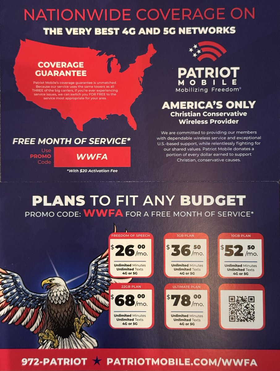 Wallis4America's tweet image. When you sign up for #cellphone service with @PatriotMobile you are joining a company that puts #Americafirst #freedom #military #FirstResponders GET A FREE MONTH!