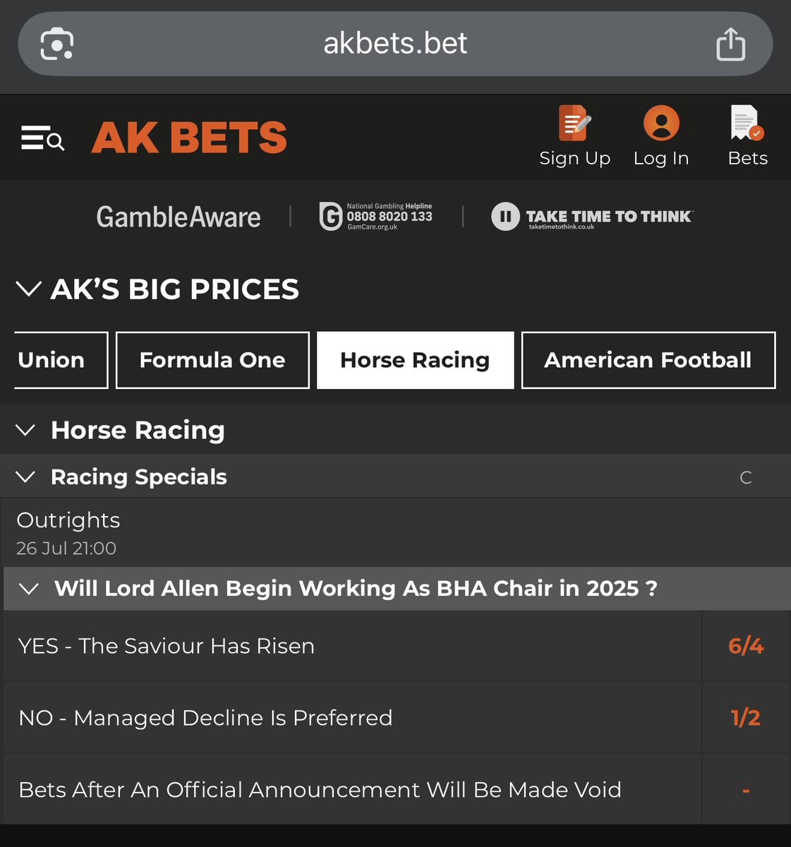 AKBets's tweet image. 🚨 AK BETS - LORD ALLEN 🚨
🎲 Will Lord Allen Begin Working As BHA Chair in 2025?
YES @ 6/4
NO @ 1/2
Market is available under AK’s Big Prices tab under Horse Racing.
Bet Here: akbets.bet/aks-big-prices
#AKBets
#LordAllen
