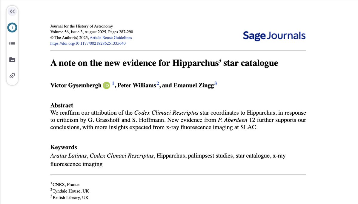 DrPJWilliams's tweet image. New evidence for Hipparchus's once-lost star catalogue is emerging with more expected in the next couple of years.
doi.org/10.1177/002182…