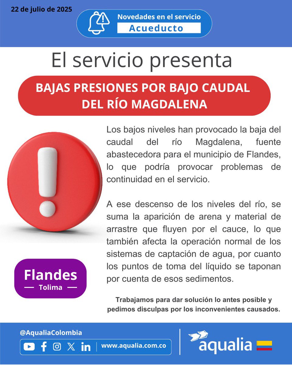 📍 Flandes presenta bajas presiones por el bajo caudal del río Magdalena y presencia de sedimentos.
Trabajamos para normalizar el servicio.
#AqualiaFlandes