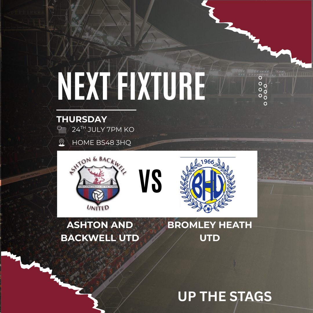 Ashton & Backwell United FC (@abufcsocial) on Twitter photo This Thursday we welcome
<a href="/BromleyHeathUtd/">Bromley Heath Utd FC</a> to the Lancer for our penultimate friendly before the season starts. 7PM KO and bars open #UPTHESTAGS 🦌🦌 This Thursday we welcome
<a href="/BromleyHeathUtd/">Bromley Heath Utd FC</a> to the Lancer for our penultimate friendly before the season starts. 7PM KO and bars open #UPTHESTAGS 🦌🦌