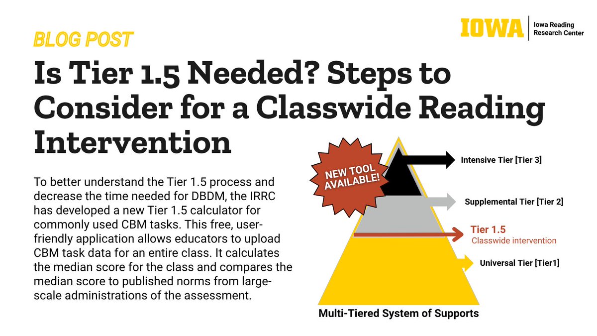 IAReading's tweet image. NEW: To determine whether a classwide intervention is needed, educators must gather student data, identify appropriate cut scores, and determine a recommendation for next steps. The IRRC’s Tier 1.5 Calculator calculates your class’s median score relative to important cutoff…