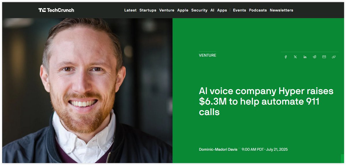 ParamedProf's tweet image. AI voice company Hyper raises $6.3M to help automate 911 calls techcrunch.com/2025/07/21/ai-…
