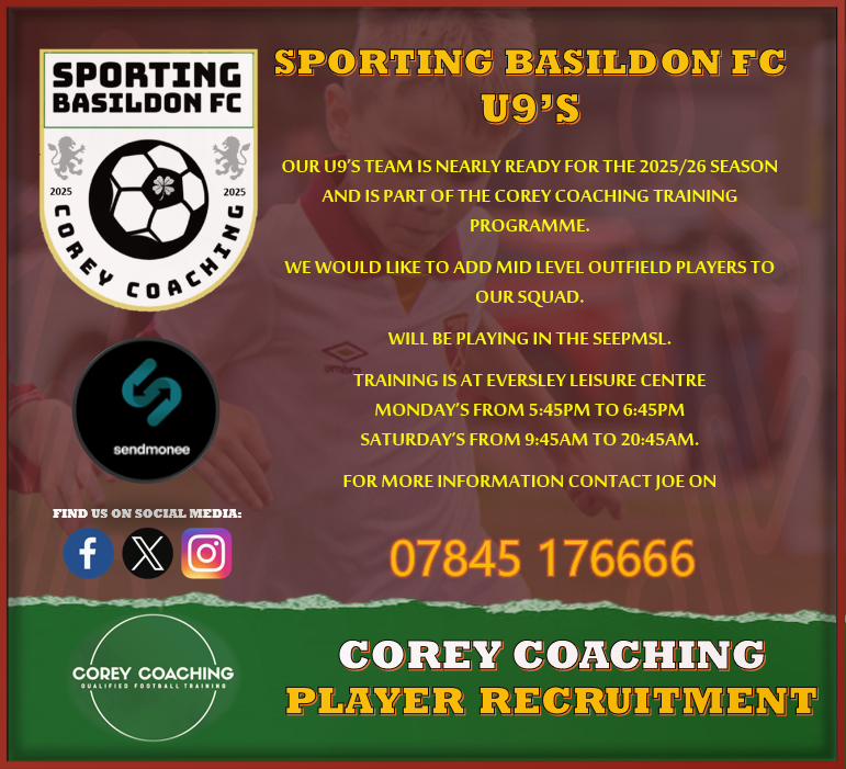 Sporting Basildon FC (@s_basildon_fc) on Twitter photo 🌟 U9's PLAYER RECRUITMENT🌟
Our U9's are looking to add to the squad ahead of the 2025/26 season.
They will be competing in the SEEPMSL.
For more information contact - 07845 176666
⚽️🟥🟩
#SBFC #sportingbasildonfc #squadbooster <a href="/Corey_Coaching/">Corey Coaching</a> 🌟 U9's PLAYER RECRUITMENT🌟
Our U9's are looking to add to the squad ahead of the 2025/26 season.
They will be competing in the SEEPMSL.
For more information contact - 07845 176666
⚽️🟥🟩
#SBFC #sportingbasildonfc #squadbooster <a href="/Corey_Coaching/">Corey Coaching</a>